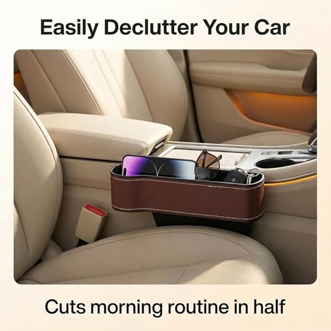 Car Seat Gap Filler Organizer, 2026 New Premium Leather Console Organizer for Holding Phone, Sunglasses, Auto Console Side Storage Box with Cup Holders 2 Seat Hooks for Drink (Beige, Passenger Seat)