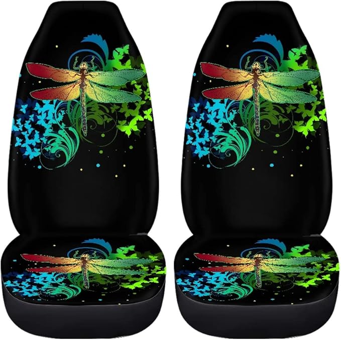 BIGCARJOB Butterflies Dragonfly Car Seat Covers Full Set,Dragonfly Pattern Bucket Seat Cover for Cars,SUV Truck,Univerfal Fit Auto Interior Accessories Car Seat Protector Set of 2 pcs