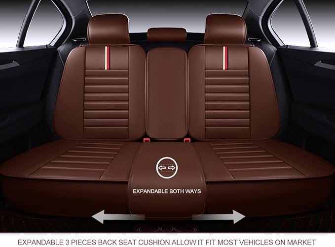 OASIS AUTO Car Seat Covers Full Set Premium Waterproof Faux Leather Cushion Universal Accessories Fit SUV Truck Sedan Automotive Vehicle Auto Interior Protector (OS-001 Brown)