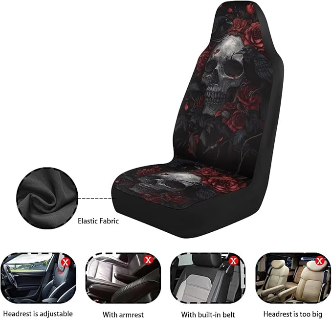 ELEQIN Gothic Raven Skull Car Seat Covers Two Front Only for Car, Automotive Interior Covers, Quick Setup Universal Fit Seat Covers for Car, Truck, SUV