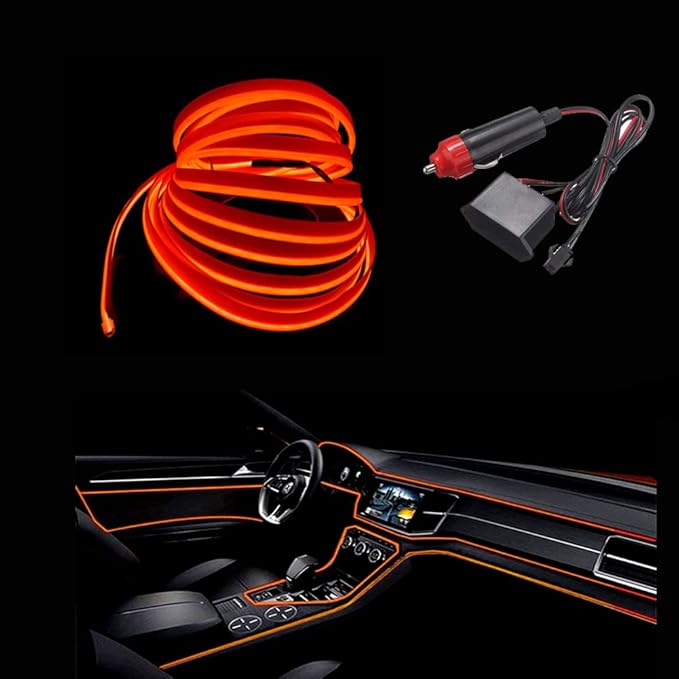 MaxLax Orange LED Neon Car Interior Lighting Strip - 3 Meter Flexible 12V EL Wire with Built-in Fuse Protection for Automotive Interior Customization, Featuring 6mm Sewing Trim for Easy Installation.