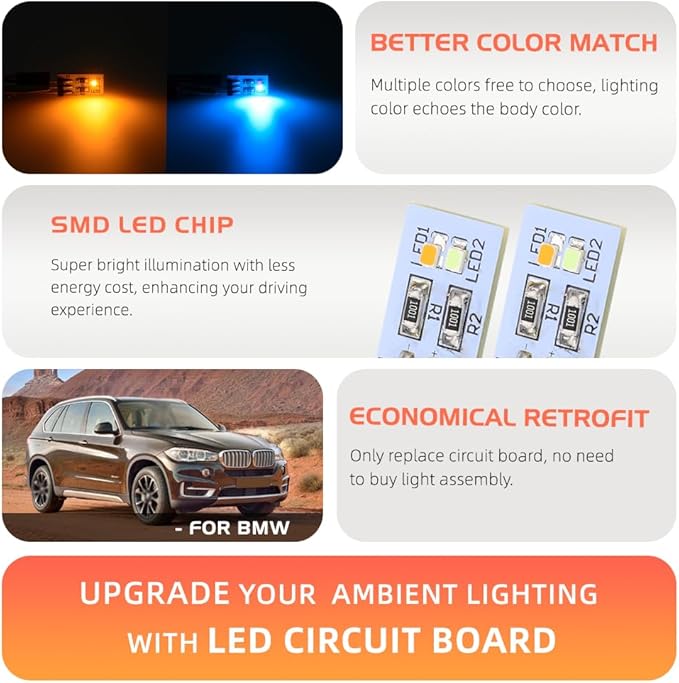 NJSBYL 2X LED Front Seat Back Ambient Lighting Replacement for B-MW X5 X6 X7 Series 2 3 4 5 7 M2 M3 M4 Pre-LCI LCI Courtesy Rear Pillar/HVAC Panel Atmosphere Module Circuit Board Blue-Orange