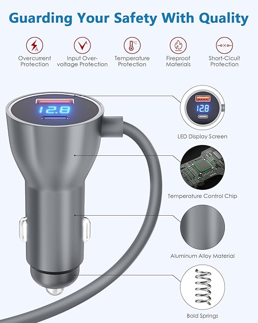 Starlink Mini Cable Car Charger 10FT Starlink Mini Power Cable DC 12V 24V Cigarette Lighter Power Cord with Digital Display USB C PD 30W and USB A QC 3.0 30W Ports for Trucks and Cars