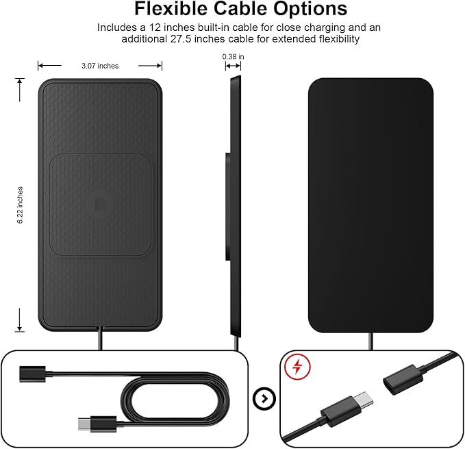 Wireless Car Charging Pad, Reestecqi 15W Fast Wireless Car Charger Pad Non Slip Charging Mat with 30cm Cable and 70cm Extension Compatible with iPhone 16 Pro/15/14/13 AirPods Samsung Google