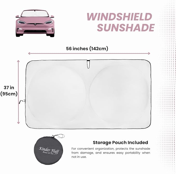 Windshield Sun Shade for Tesla S | Certified 99.87% UVB & 99.02% UVA Protection Car Sun Shade. Award Winning Sunshade for Car Windshield with Patented Technology. Car Window Shades by Kinder Fluff