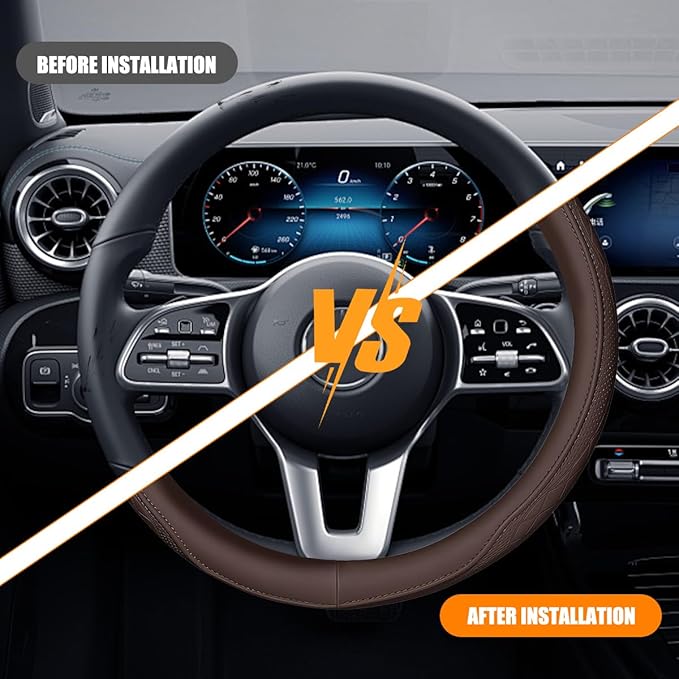 Car Steering Wheel Cover, 14.5-15" Breathable Soft Leather Vehicle Steering Wheel Protector with Anti-Slip Lining, Comfortable Auto Interior Decoration Accessories, Universal Fit (Coffee)
