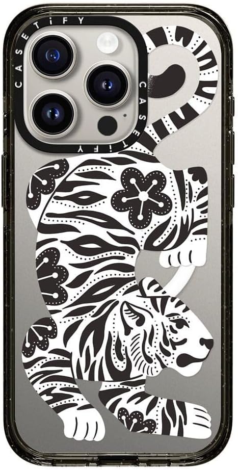 CASETiFY Impact iPhone 15 Pro Case [Slim/Compatible with Magsafe / 8.2 ft. 4X Military Grade Drop Protection] - Silver Tiger - Clear Black