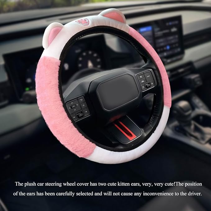 Car Steering Wheel Cover, 15 Inch Fluffy Soft Plush Auto Protector, Anti-Slip Elastic Lovely Car Cover Accessories with Kitty Cat Ears Universal for Most Cars (Fluffy-White+Light Pink)