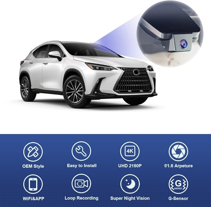 Fitcamx 4K Dash Cam Suitable for Lexus NX 2022-2026 & NX Hybrid NX350 250 350h 450h, OEM Factory Look, 2160P UHD Video, Built-in WiFi & APP, Loop Recording, Gravity Sensor, Plug & Play, 64GB Card