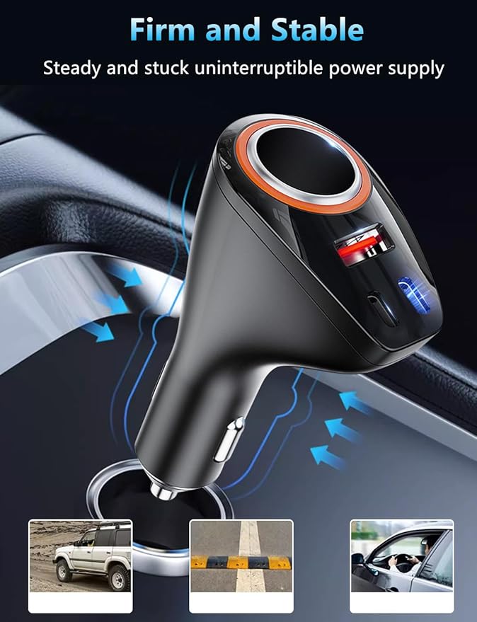 4 in 1 USB C Car Charger, 170W Multi USB Cigarette Lighter Adapter, Socket Splitter with 3 Ports, 12V/24V Dual USB Type C PD Fast Car Charger Adapter for iPhone 17/Air/16/15 Pro Max iPad GPS