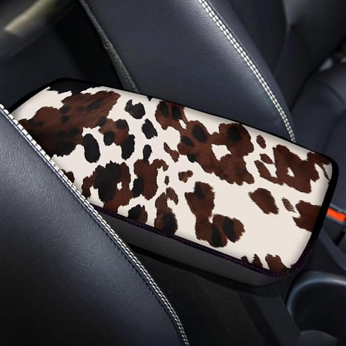 Coldinair Brown Cow Print Universal Car Center Console Pad Soft Armrest Protector Cover Fit for Most Vehicle,SUV,Truck,Car Interior Accessories Decor