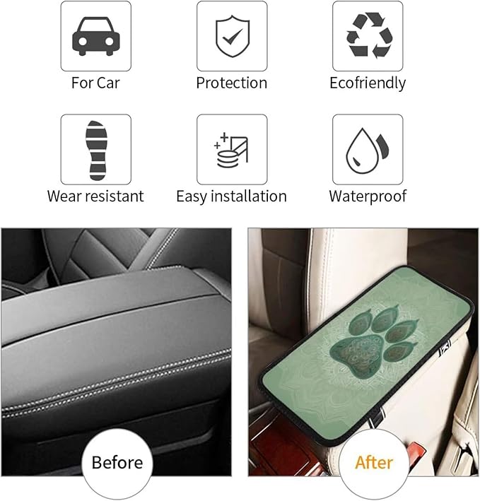 Universal Center Console Cover Dog Paw Print Arm Rest Covers Armrest Cover Boho Vintage Sage Green Middle Console Covers Lid Cushion Pad for Most Vehicle, SUV, Sedan, Car Accessories