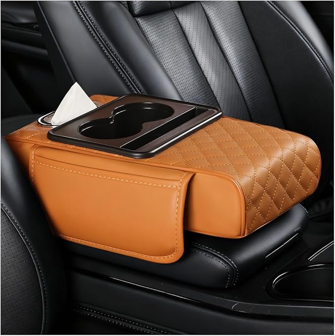 Car Armrest Cushion, 5-in-1 Nappa Leather Vehicle Centre Console Cover with 2 Storage Pockets, Cup Phone & Phone Holder, Multifunctional Auto Organiser Accessories, Universal Fit (Yellow)