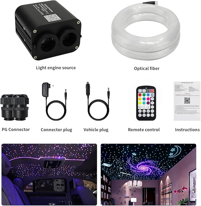 AZIMOM Dual Color 20W Twinkle Fiber Optic Starlight Headliner Kits Mixed 860pcs*13.1ft Fiber Strands Sound Activated Remote APP Control RGBW Light Source Home Car Ceiling Headliner Décor