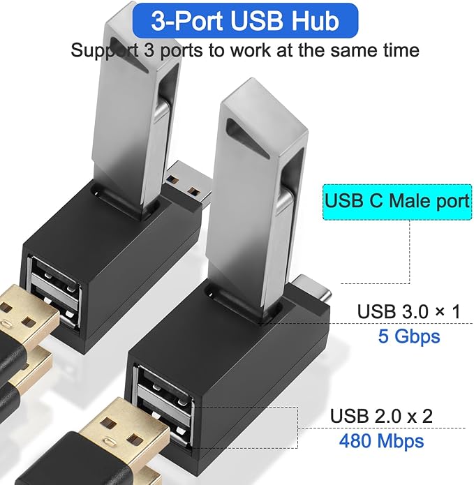 3-Port USB Hub for Laptop,USB Port Expander Adapter,1 USB 3.0 and 2 USB 2.0 Port Portable Powered Data Suitable for Connecting USB C and USB A Ports to Mobile Hard Drives, USB Flash Drives