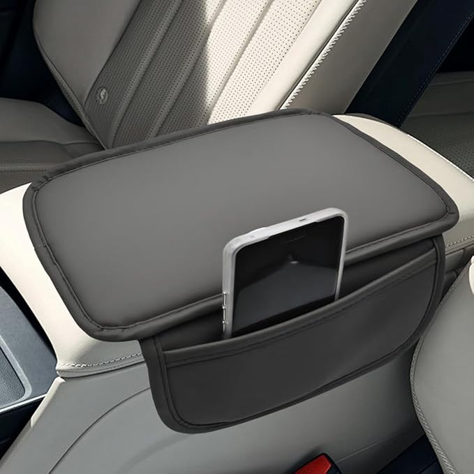 Car Center Console Cover, Leather Waterproof Auto Arm Rest Pad with Storage Bag, Scratch Resistant Middle Console Protector, Comfortable Vehicle Interior Accessories for Sedan SUV (Grey)
