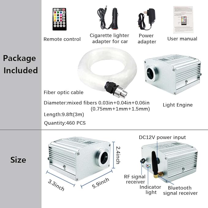 FIREWORK Starlight Headliner Kit, Fiber Optic Lights 10W RGBW Twinkle+Music Effect+APP+Remote, Mixed Diameter Fibers 460pcs of 9.8ft/3m (0.03+0.04+0.06in) for Star Lights for Car/EV & Home Ceiling