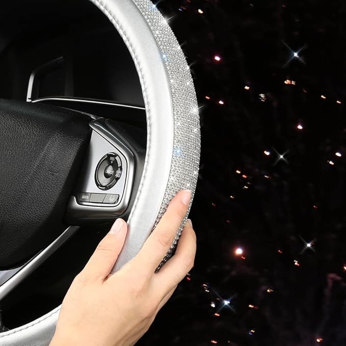 Bling Diamond Steering Wheel Cover, Leather Steering Wheel Covers for Women Girls with Crystal Rhinestones, Breathable, Anti-Slip Universal Fit 14.5-15 Inch Bling Car Accessories(Silver)