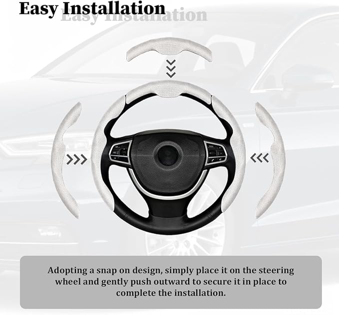 3PCS Car Steering Wheel Cover, Nappa Leather Breathable Non-Slip Segmented Steering Wheel Protector, Snap-on Auto Interior Decoration Accessories, Universal Fit (White)