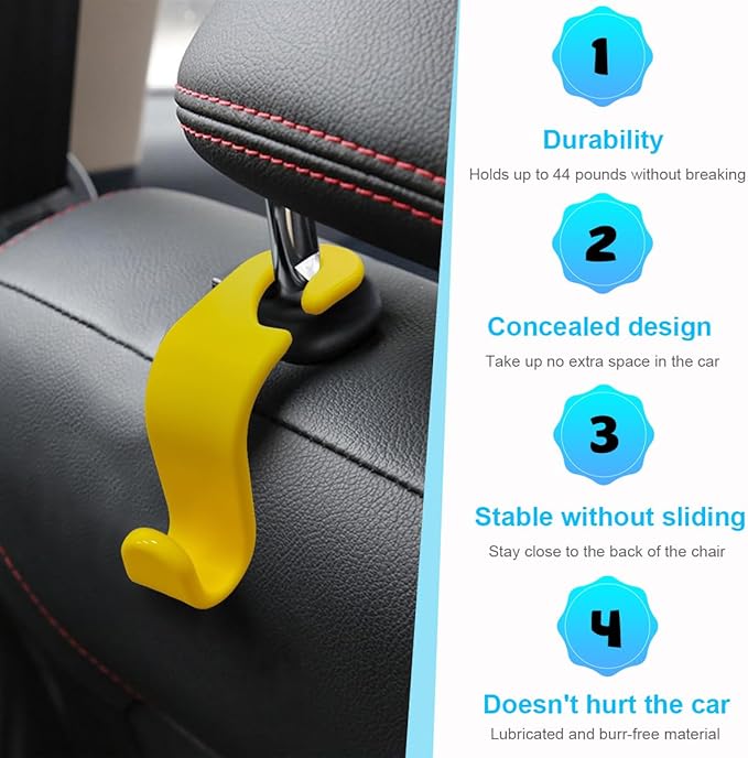 Ziciner Car Seat Headrest Hooks, 4 Pack Auto Durable Backseat Hangers Storage Organizer, Universal Vehicle Interior Holder Accessories for Purse, Grocery Bags, Handbag, Cloths ect (Yellow)