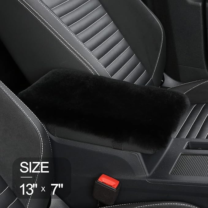 LLB Auto Center Console Cover Pad Universal Fit for SUV/Truck/Car, Genuine Sheepskin Wool Fur Car Armrest Seat Box Cover, Furry Fluffy Auto Armrest Cover Protector (Shearling Black)