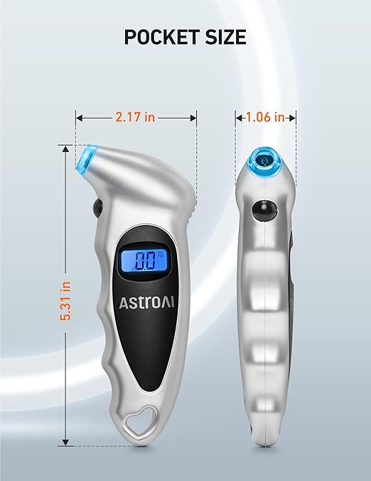 AstroAI Digital Tire Pressure Gauge 0-150PSI Calibrated to ANSI B40.7 +/-1PSI, Accurate in 0.1 Increments, Tire Repair Tools 4 Pressure Measurements for Car Truck with Backlight LCD, Silver