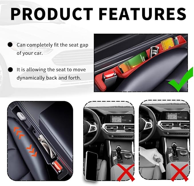 2PCS New Car Seat Gap Filler with 2 Storage Areas,Stylish Car Seat Gap Storage for Stabilizing Phone,Keys Wallet,Universal Car Seat Gap Filler Organizer Interior Accessories (Carbon Red)