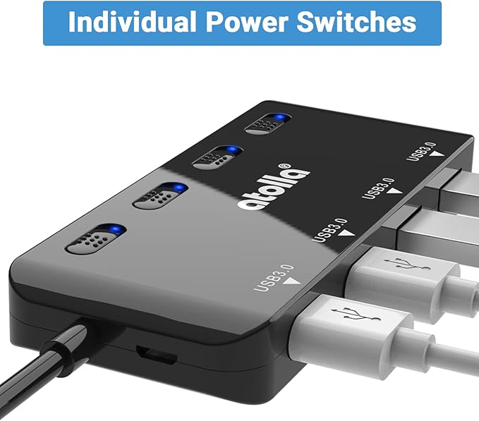 USB Hub, 4-Port USB 3.0 Hub Splitter with 2 ft Extended Cable, Ultra Slim Data USB Extender with Individual Power Switches and LED