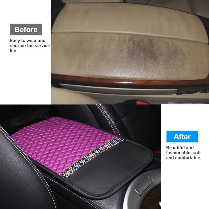Bling Leather Car Center Console Cover, Car Center Console Protector With Glossy Crystal Rhinestone, Universal Waterproof Car Armrest Seat Box Cover For Most Car, Vehicles, SUVs, Trucks (Purple)