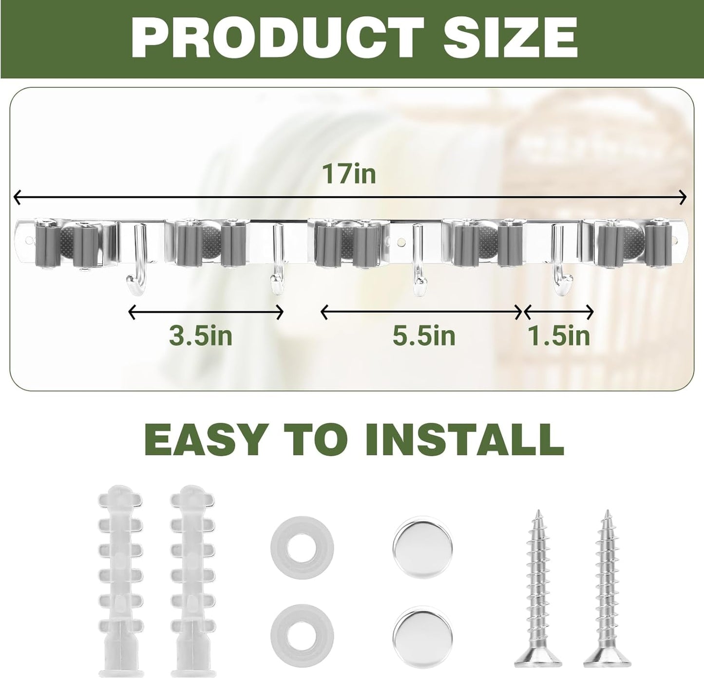 Broom Holder Wall Mount, Broom Organizer Wall Mount Stainless Steel Broom and Mop Hanger Heavy Duty Storage Organization for Home Kitchen Garden Garage Room 5 Racks 4 Hooks (1Pack)(Black Racks)