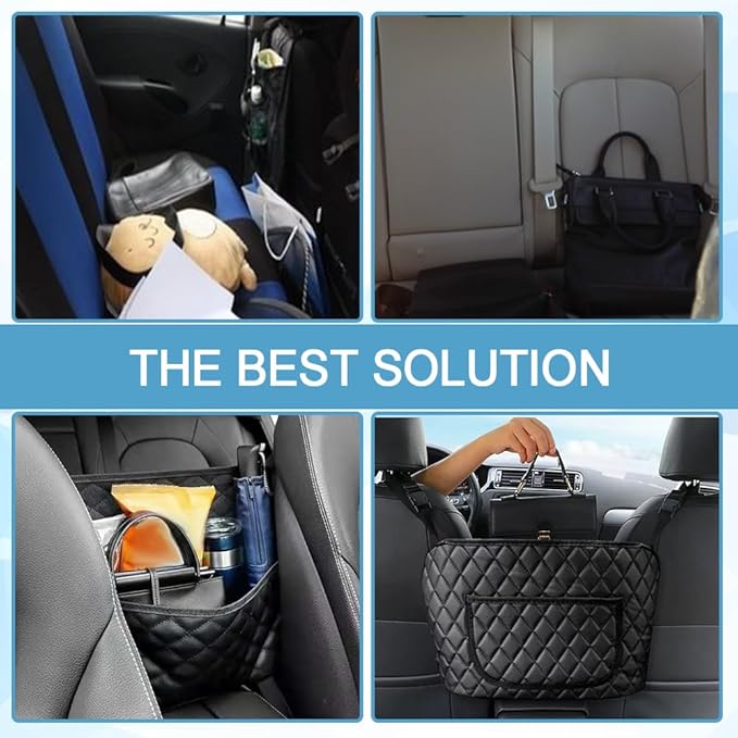 Car Net Pocket Handbag Holder, Large Capacity Leather Organizers and Storage Purse Holder for Car Between Seats, Universal Automotive Consoles & Backseat Organizer for Most Cars