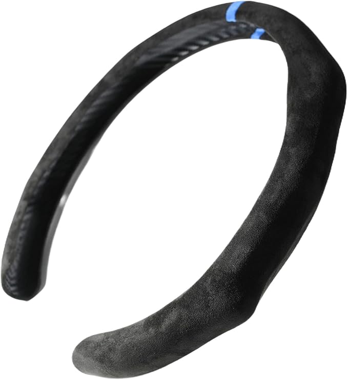 Quick Install Sporty Suede Steering Wheel Cover with Blue Stripe for 14½ to 15 inches Car Sedan Coupe SUV Pickup Steering Wheel 14.5 to 15 inches