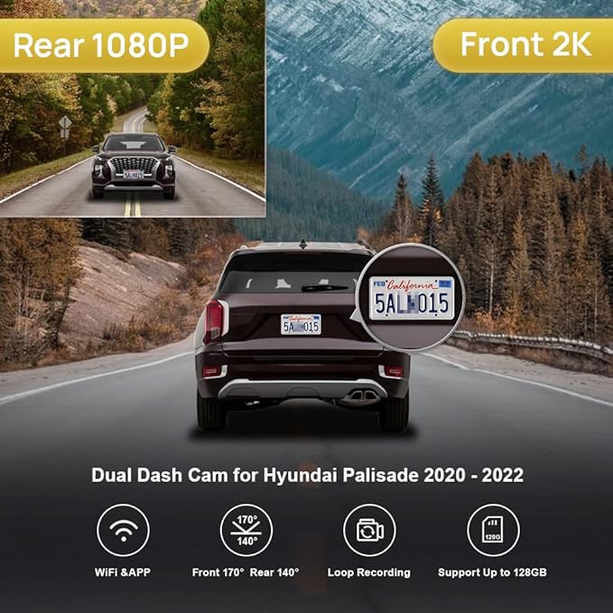 Fitcamx 2K Dual Dash Cam for 2020-2022 Hyundai Palisade Limited SE SEL Calligraphy (Part No#S8000), OEM Look, Front 1440P+Rear 1080P Video, Loop Recording, WiFi & APP, G-Sensor, Easy to Set, 64GB Card