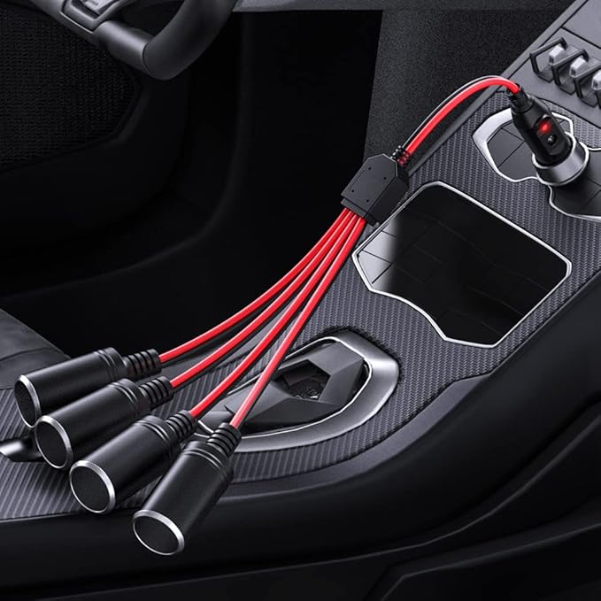 ELECTOP 1 to 4 Car Cigarette Lighter Splitter Adapter Power Charger Port, 12V 24V Plug Socket Adapter 4-Way Splitter, 12 inch Cigarette Lighter Extension Cord Cable 16AWG with 15A Fuse