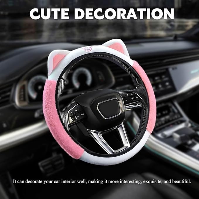 Car Steering Wheel Cover, 15 Inch Fluffy Soft Plush Auto Protector, Anti-Slip Elastic Lovely Car Cover Accessories with Kitty Cat Ears Universal for Most Cars (Fluffy-White+Light Pink)
