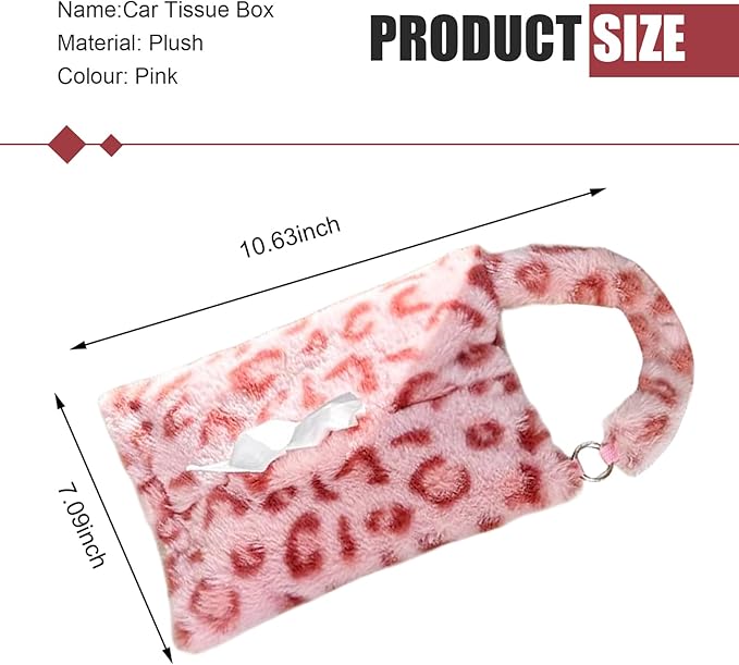Leopard Print Car Tissue Bag, Cute Plush Hanging Tissue Holder, Multi-Functional Car Backseat Hanging Storage Bag, Universal for Small-Size Tissues (Pink)