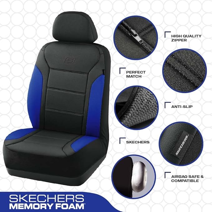 Skechers Memory Foam Car Seat Covers, Lycra Fabric Seat Covers, Car Seat Covers Front Seats Airbag Compatible, Automotive Comfort Protection for Most Cars,Trucks, SUVs,Blue