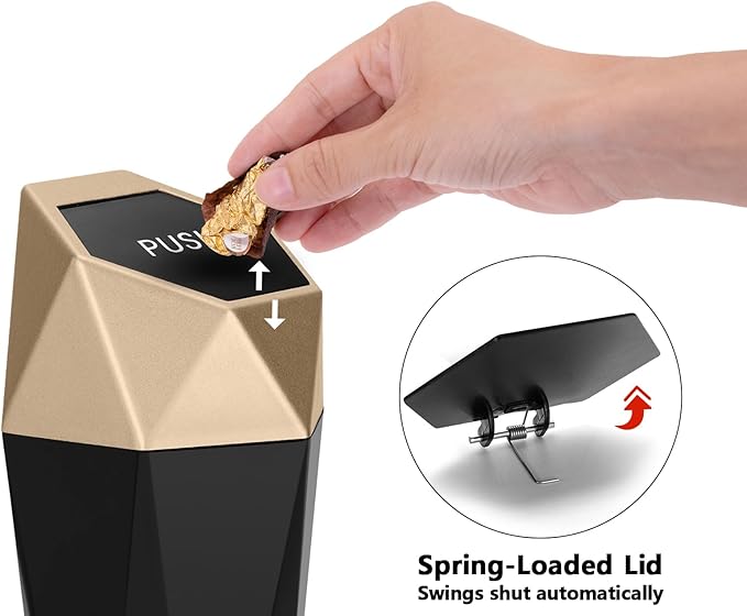 Ginsco Car Trash Can Cup Holder, 2 Pack Mini Car Trash Can with Lid, Car Accessories for Interior, Leakproof Small Trash Cup for Car, Home with Additional 2 ABS Hooks and 90pcs Trash Bags Golden