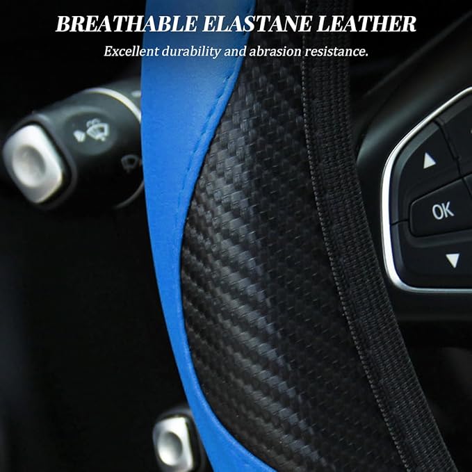 Car Steering Wheel Cover, Elastic Anti-Slip Microfiber PU Leather Auto Steering Wheel Protector, Comfortable Vehicle Interior Protective Accessories, Universal for RV, SUV, Truck (Black/Blue)