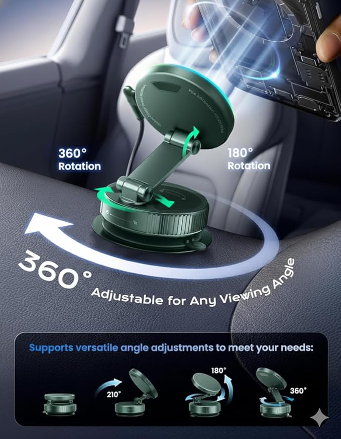 Trendwave Car Mount Charger 15W Wireless Charger Suction Cup Phone Mount with Breathing RGB Light, 360° Adjustable Vacuum Magnetic Holder for iPhone 17 Pro Max/17 Air/16/15 Plus – Gray