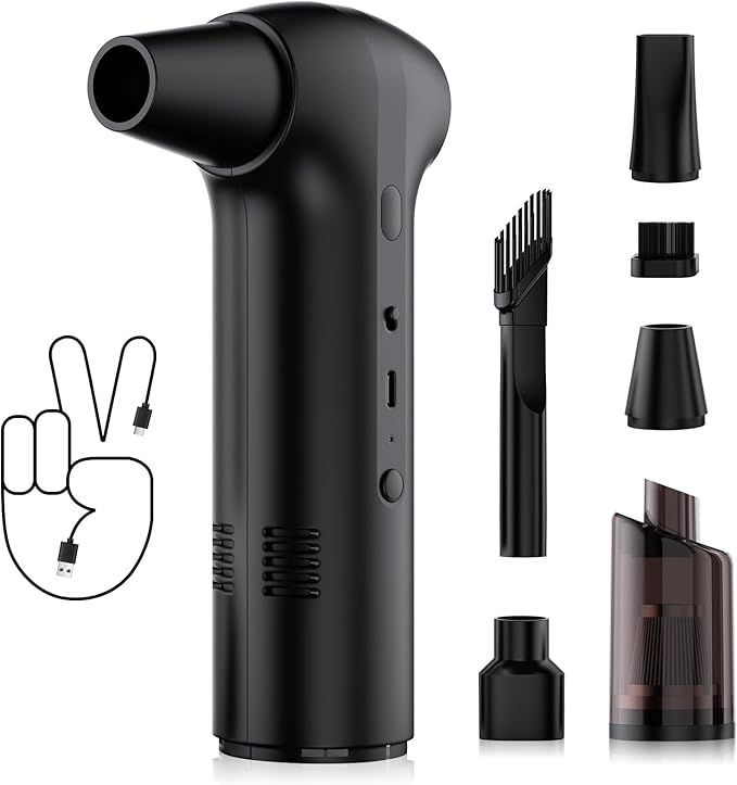 Compressed Air Duster, 2-in-1 Air Duster & Vacuum with 130000RPM Brushless Motor, 150W Electric Air Duster Rechargeable, 3-Gear Adjustable Air Blower for Keyboard,Computer,Car,Home,Outdoor Cleaning