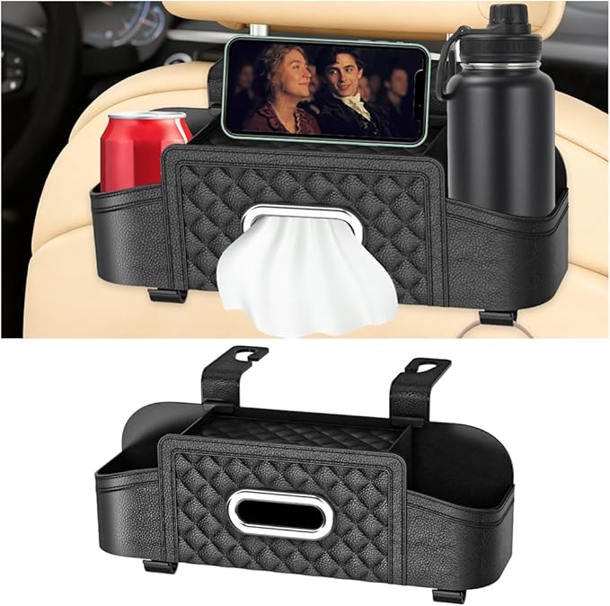 Car Headrest Backseat Organizer, Multifunctional Vehicle Seat Back Hanging Storage Box with Cup Holder and Hooks, Automotive Interior Headrest Storage Organizer, Universal Fit (Black)