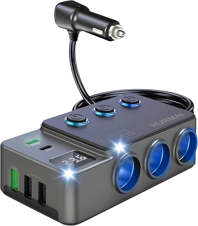 Cigarette Lighter Splitter Adapter, 120W 3 Socket 12V Car Heavy Duty Truck Cigarette Lighter Plug USB Charger Multi Port Car Plug Outlet Splitter with LED Voltage Display Independent Switches