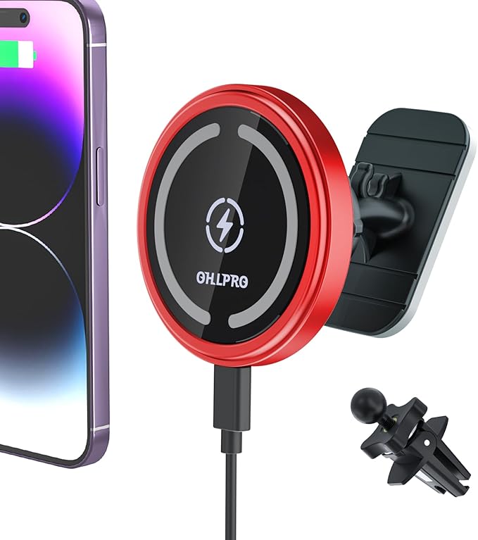 OHLPRO for MagSafe Car Mount Charger iPhone Wireless Car Charger, Stick on Dashboard Magnetic Phone Holder Mount for iPhone 17 Pro Max 16 15 14 Series, 15W Fast Charging, Aluminum Shell