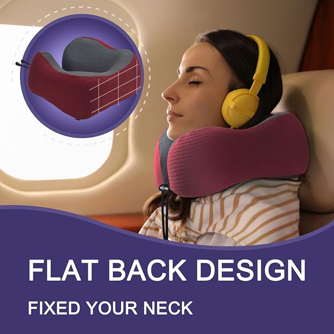 napfun Neck Pillow for Traveling, Upgraded Travel Neck Pillow for Airplane 100% Pure Memory Foam Travel Pillow for Flight Headrest Sleep, Portable Plane Accessories, Burgundy Striped Kit