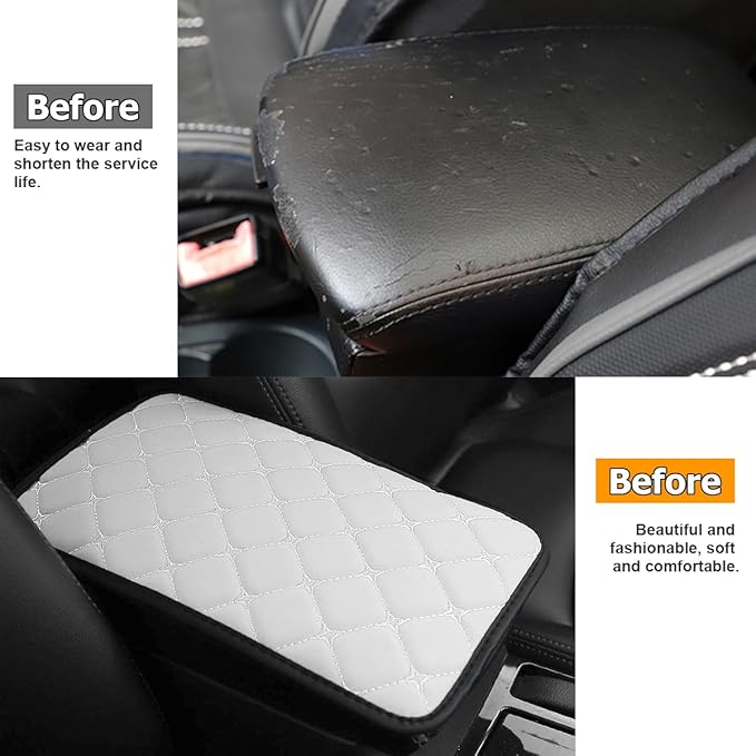 HZEL Car Center Console Cushion Pad, PU Leather Vehicle Armrest Protection Cover, Waterproof Automotive Interior Arm Rest Seat Box Mat Accessories, Universal for SUV, Sedan, Truck (White)