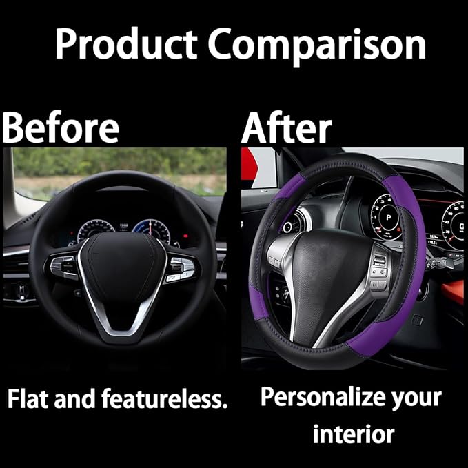 BELOMI Leather Car Steering Wheel Cover, Universal 15 Inch for Car Truck SUV, Non-Slip and Breathable, Sport Style Design Odorless Steering Wheel Protector, Automotive Interior Accessories (Purple)