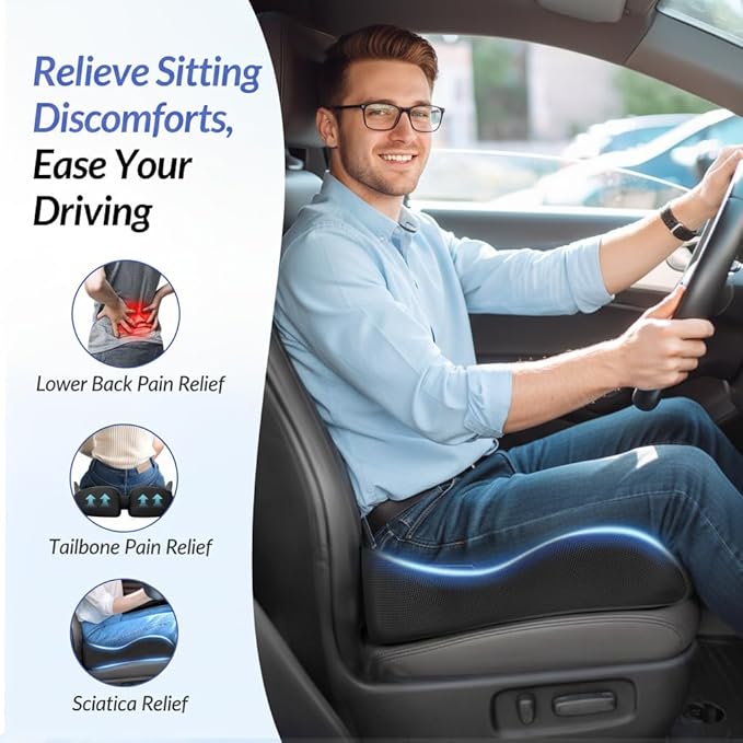 ZIKEE Car Seat Cushion for Driving with Cooling Gel, Ergonomic Memory Foam Seat Cushion for Car Provides Sciatica, Back, Tailbone Pain Relief and Intimate Ventilation, Anti-Slip & Breathable Cover