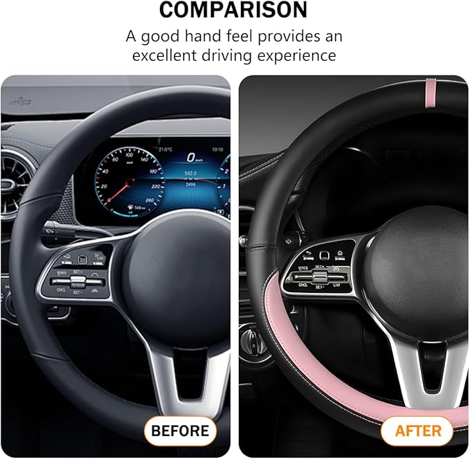 Car Steering Wheel Cover, 15 Inch Leather Anti-Slip Breathable Vehicle Steering Wheel Protector, Automotive Interior Protection Accessories, Universal for SUV Sedan Truck (Black/Pink)