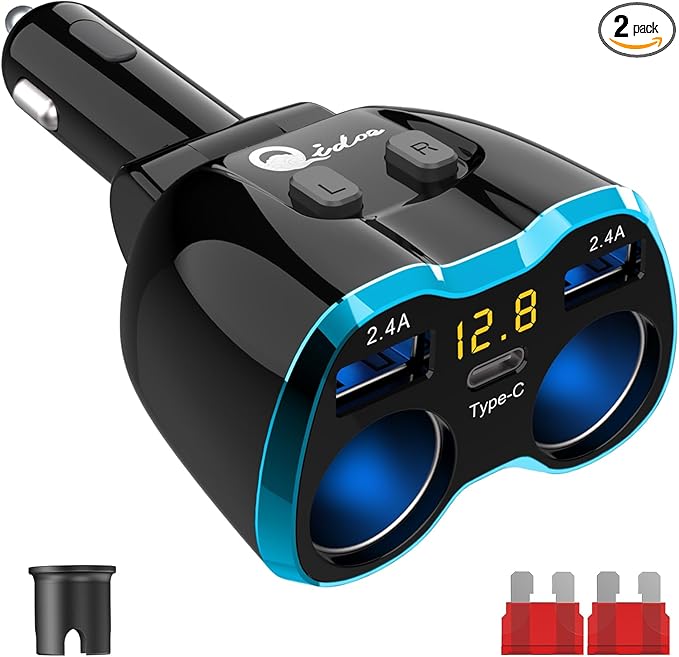Cigarette Lighter Splitter: USB C 12V Car Charger Adapter 2 Socket Type C Multi 12 Volt Power Outlet 24V DC 80W with LED Voltmeter Switch 6.3A Dual USB Port for Mobile Cell Phone GPS Dash Cam